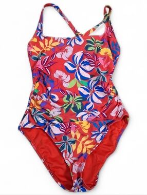 Caribbean Joe Red Floral Tropical Cross Back Wonen's One-Piece Swimsuit Size 8